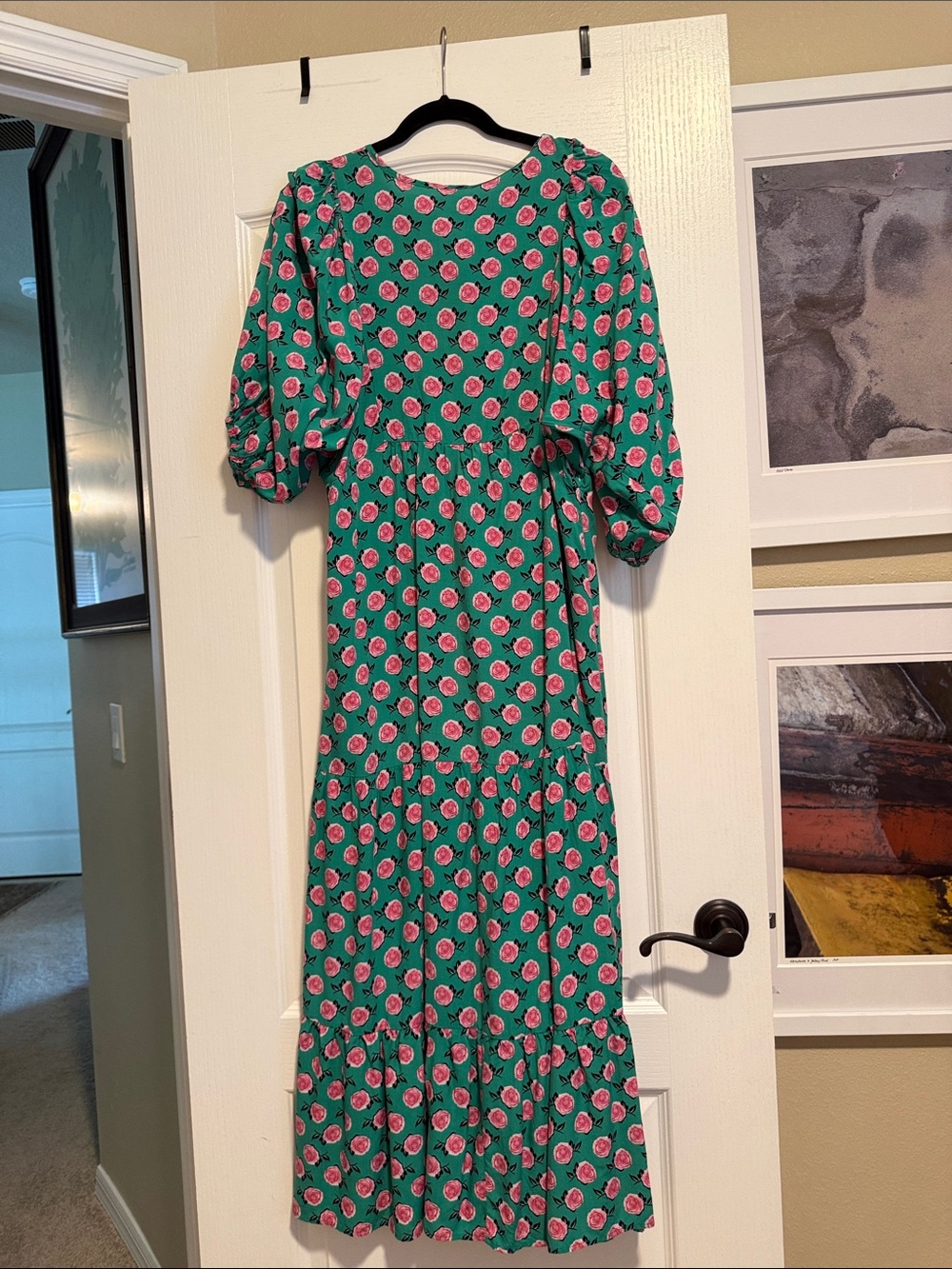 Amazon Green Maxi Dress with Pink Rose Print and Tie Neck - Picture 2 of 3
